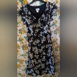 Vintage 90's Women's Robbie Bee Black and White Floral Asymmetrical Dress